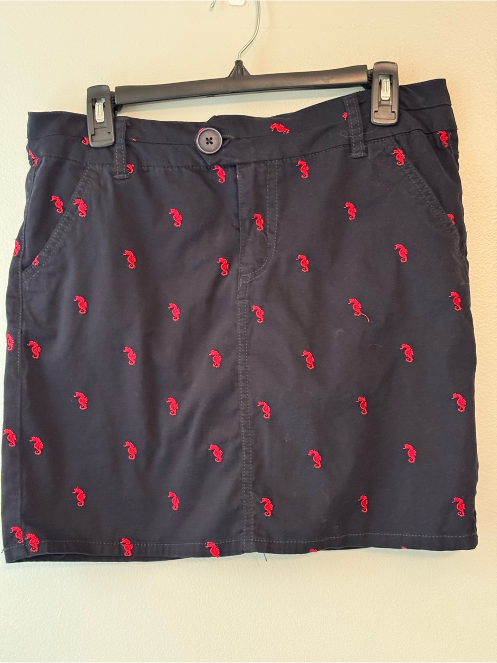 British Khaki Navy Mini Skirt with Red Seahorse Embroidery